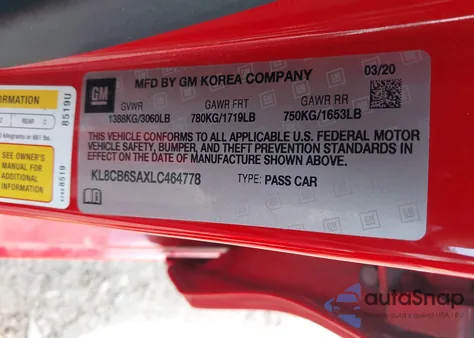 2020 Chevrolet Spark Fwd Ls Automatic z USA, uszkodzony, nr VIN KL8CB6SAXLC464778